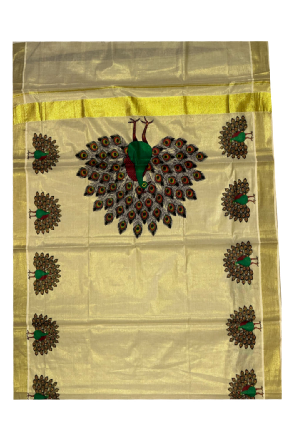 Kerala Tissue Kasavu Saree with Peacock Mural Prints (Onam Saree 2023)