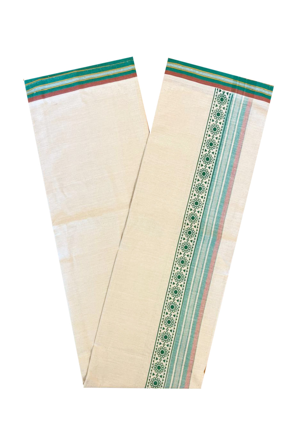 Southloom Off White And Green Brown Printed Single Mundu / Otta Mundu / Lungi (South Indian Kerala Dhoti)