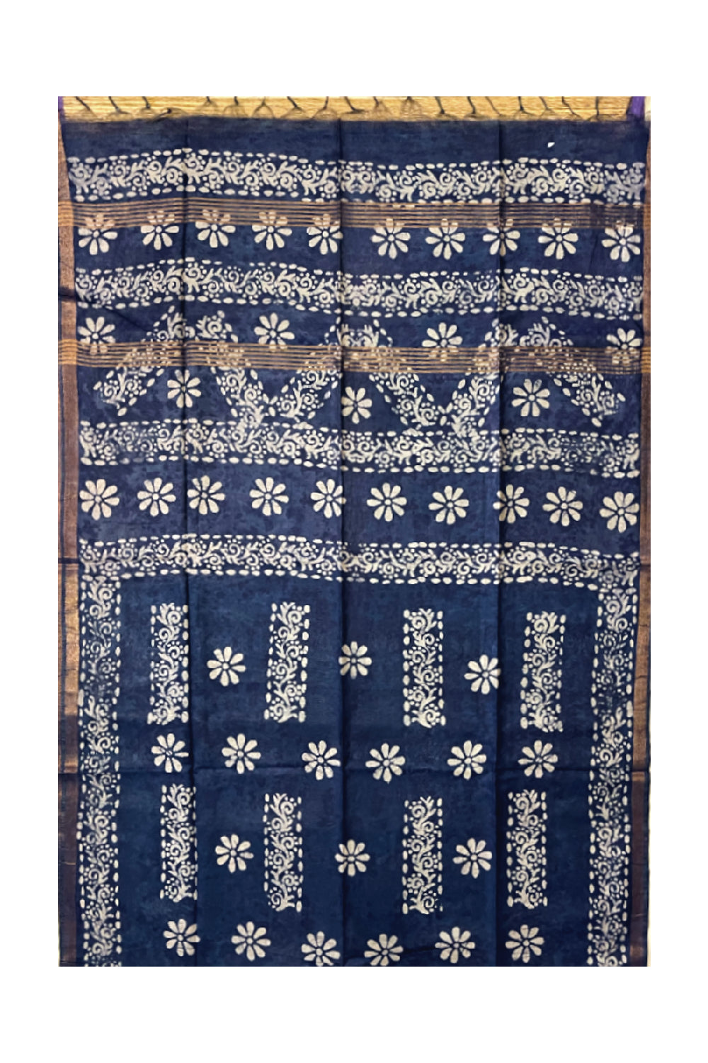 Southloom Cotton Dark Blue Saree with Baswara Prints on Body and Pallu