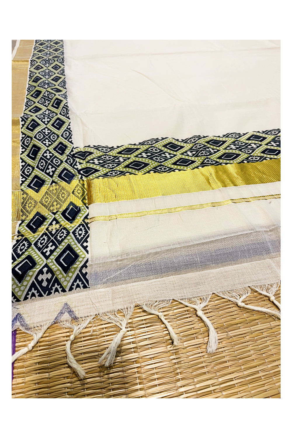 Kerala Pure Cotton Kasavu Saree with Ajrakh Stitched Borders and Matching Blouse Piece