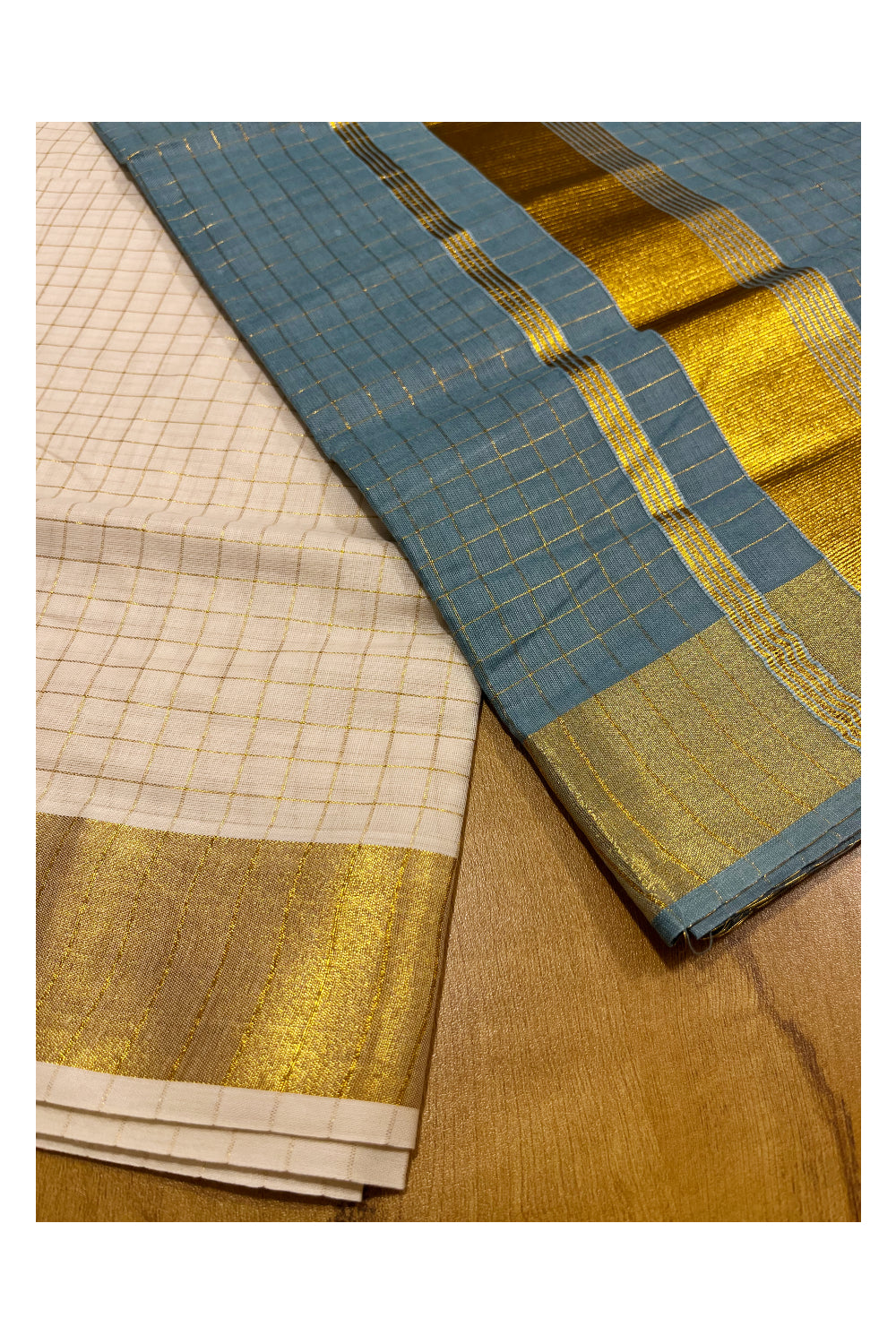 Southloom Cotton Tie & Dye - Half & Half Teal Design Saree with Kasavu Checks Across Body