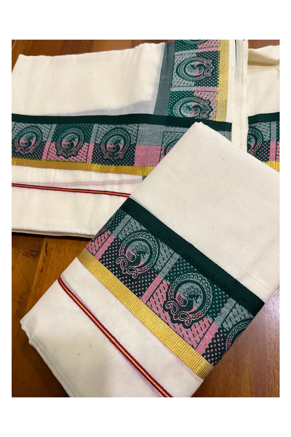 Kerala Cotton Kasavu Single Set Mundu (Mundum Neriyathum) with Pink and Green Kara and Block prints