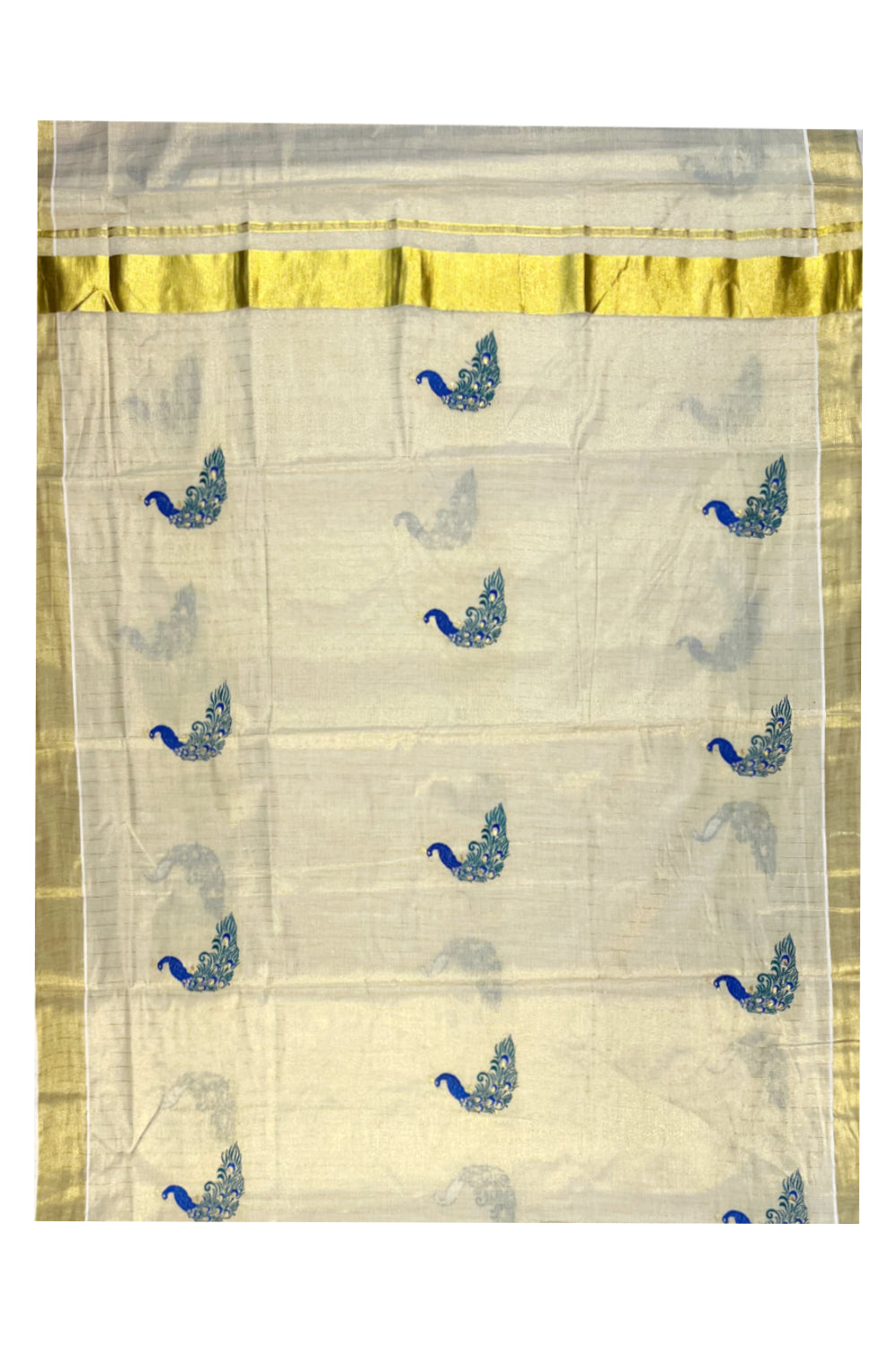 Kerala Tissue Kasavu Stripes Saree with Peacock Embroidery Design on Body