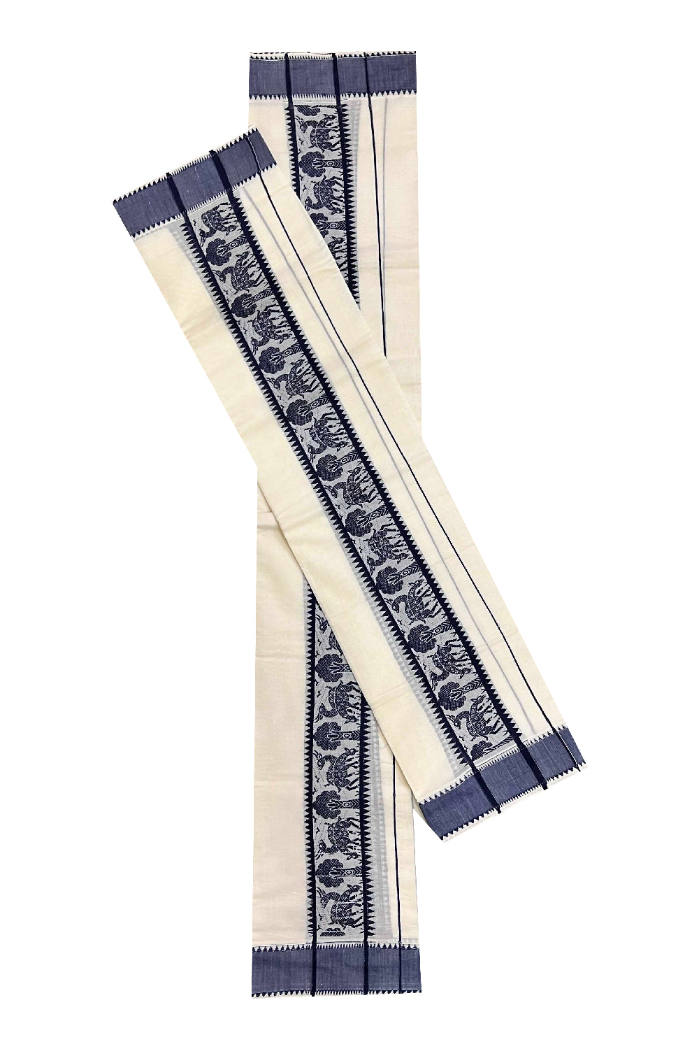 Kerala Cotton Single Set Mundu (Mundum Neriyathum) with Dark Blue Woven Border - 2.80Mtrs