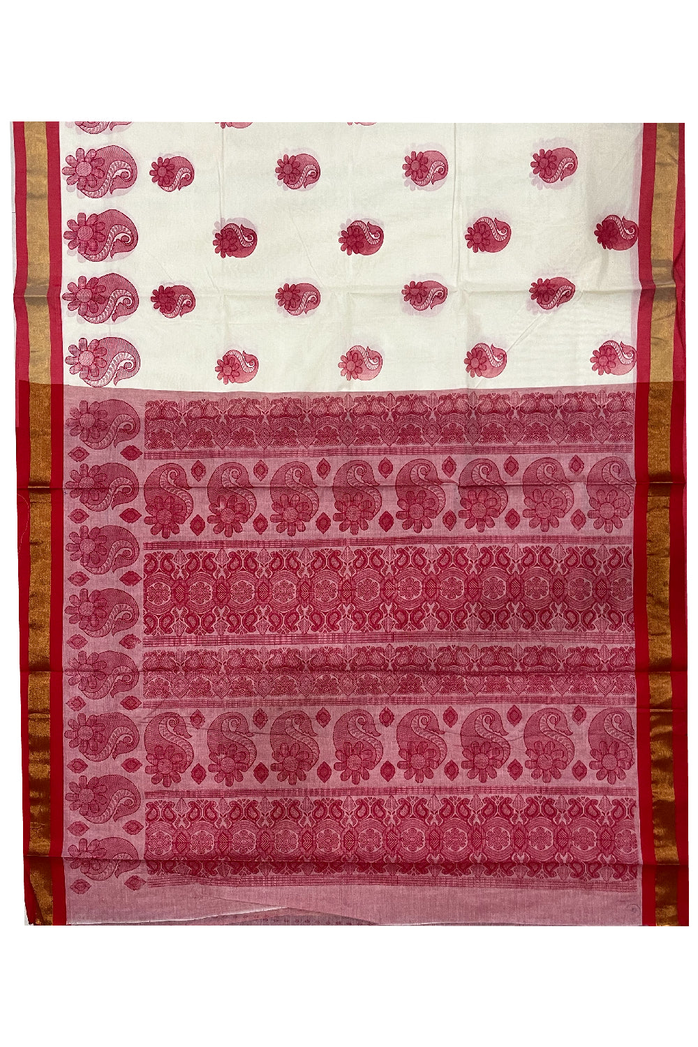 Pure Cotton Kerala Saree with Red Block Prints and Kasavu Border (Vishu 2024 Collection)