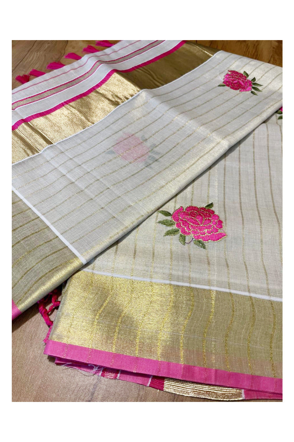 Southloom Kerala Tissue Kasavu Lines Saree with Pink Floral Embroidery Works