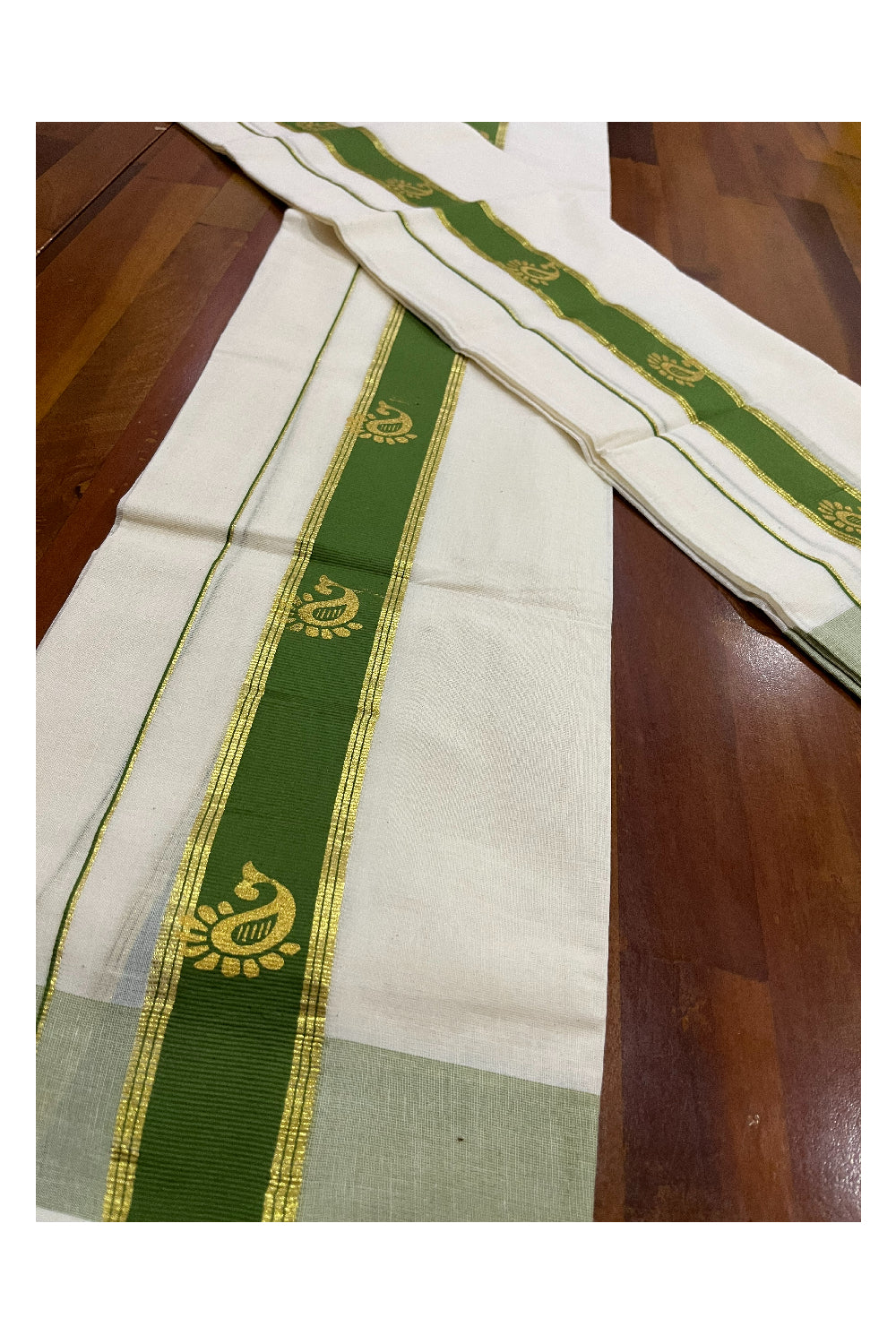 Cotton Single Set Mundu (Mundu Neriyathum) with Golden Paisley Block Prints on Green Border (Onam Set Mundu 2023)