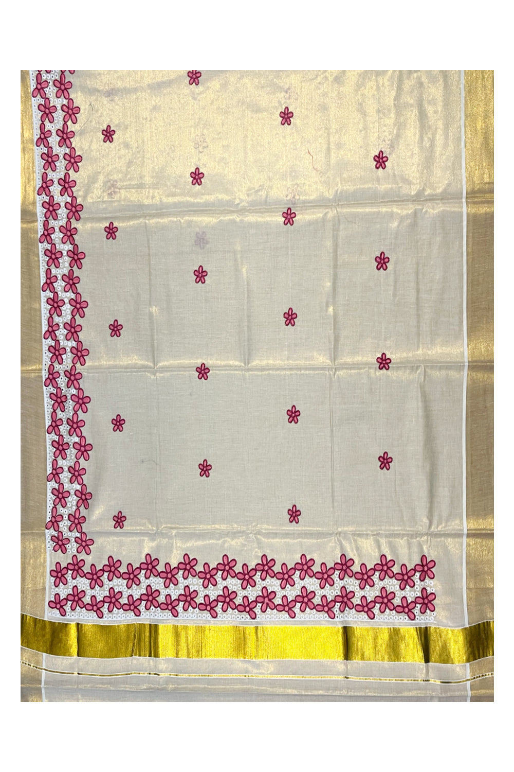 Kerala Tissue Kasavu Saree with Pink Floral Embroidery Works