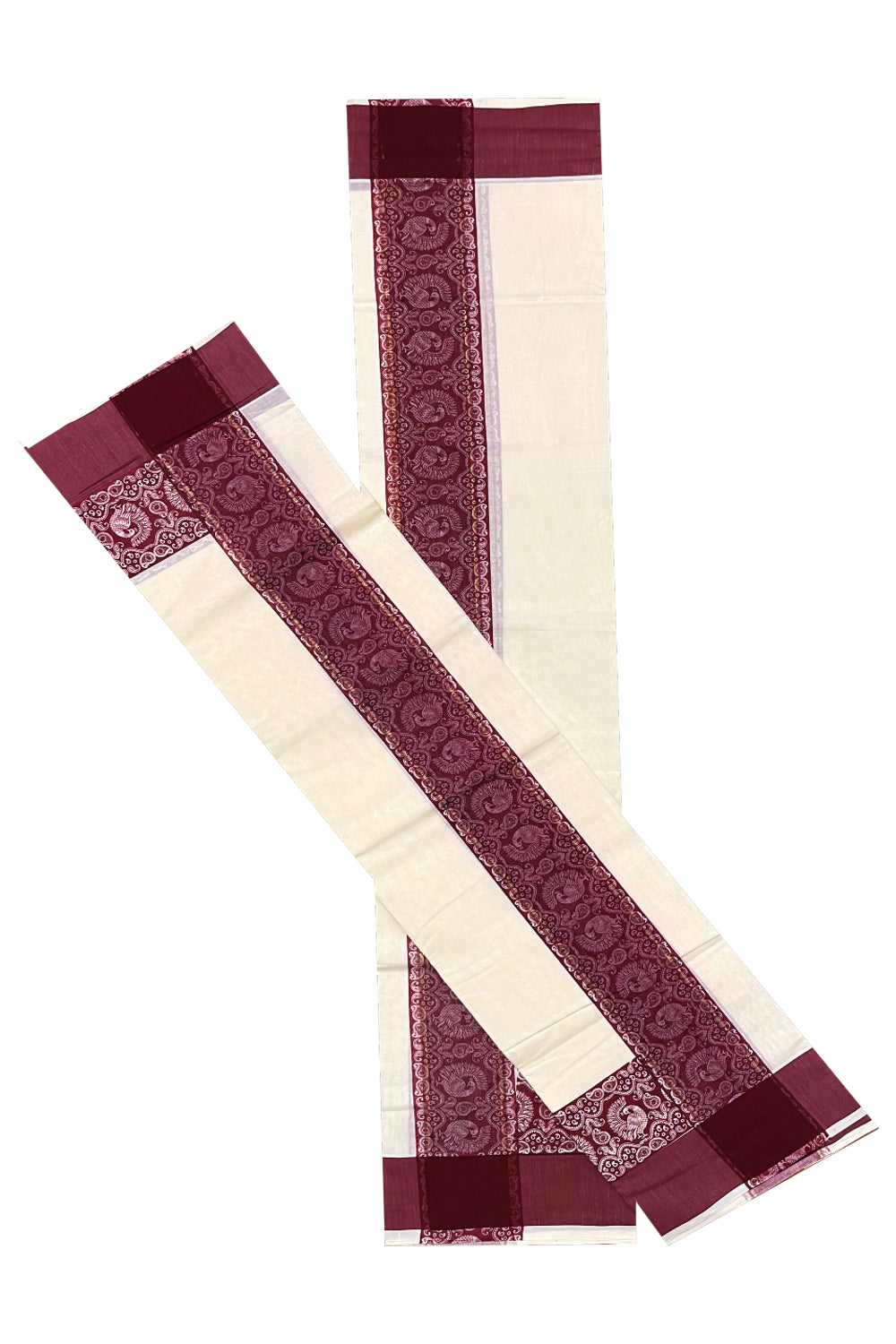 Kerala Cotton Single Set Mundu (Mundum Neriyathum) with Maroon Block print Border 2.80Mtrs