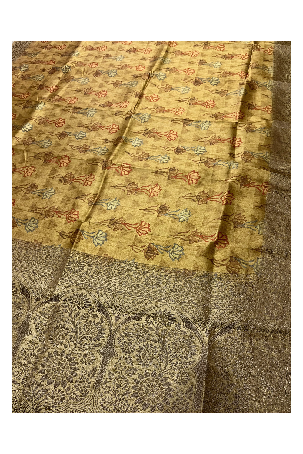 Southloom Semi Silk Yellow Designer Printed Saree with Zari Woven Border