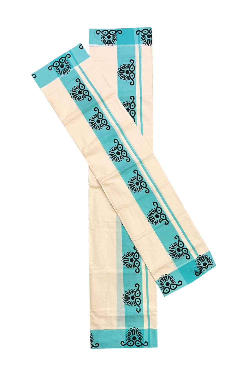 Kerala Pure Cotton Set Mundu (Mundum Neriyathum) with Block Printed Turquoise Border (Onam Set Mundu 2023)