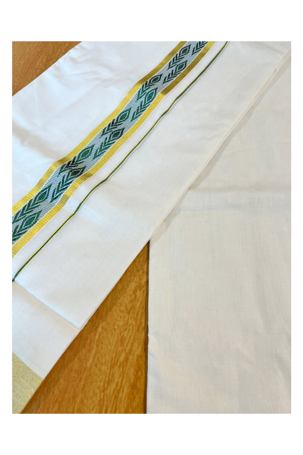 Southloom Premium Handloom Pure Cotton Mundu with Green and Kasavu Woven Border