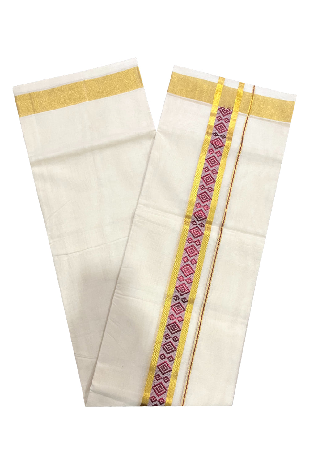 Southloom Premium Handloom Pure Cotton Mundu with Golden and Maroon Kasavu Woven Border (Onam Mundu 2023)