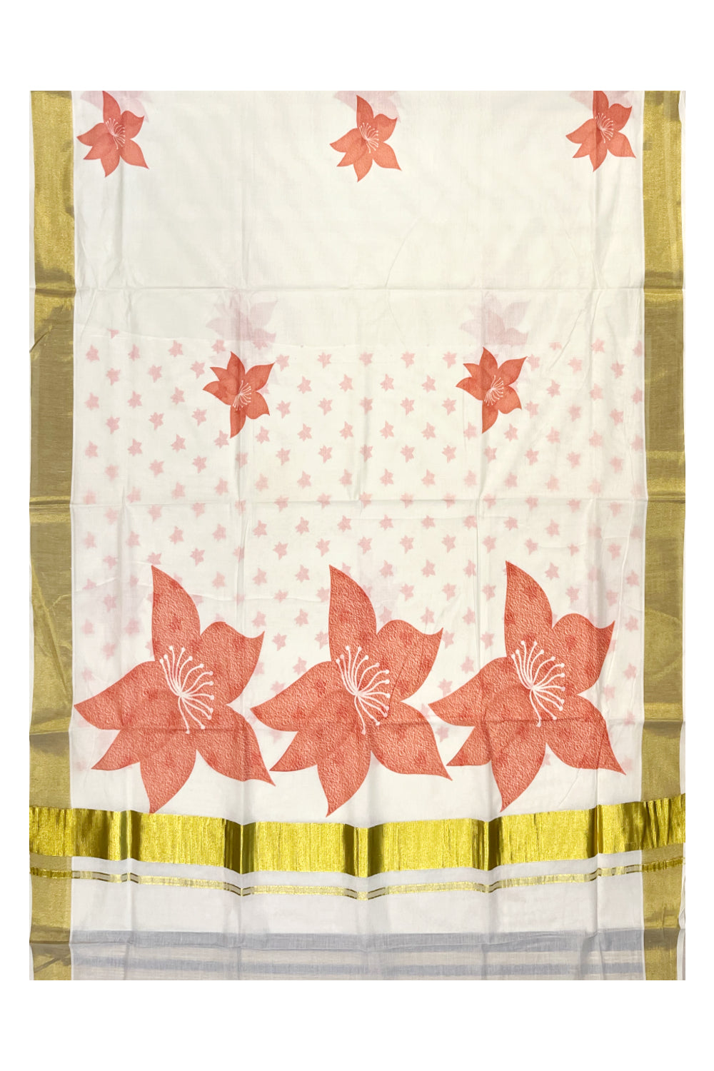 Southloom Exclusive Onam Kasavu Saree with Peach Floral Print Across Body in High Quality (Matching Printed Blouse Included)