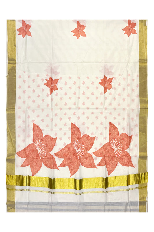 Southloom Exclusive Onam Kasavu Saree with Peach Floral Print Across Body in High Quality (Matching Printed Blouse Included)