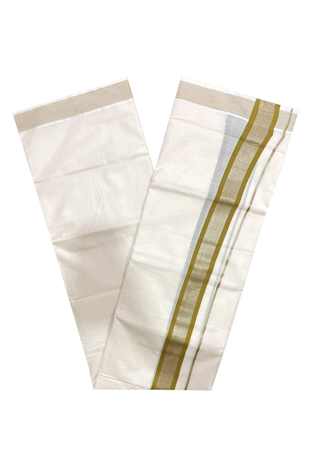 Pure Cotton Double Mundu with Olive Green and Silver Kasavu Kara (South Indian Kerala Dhoti)