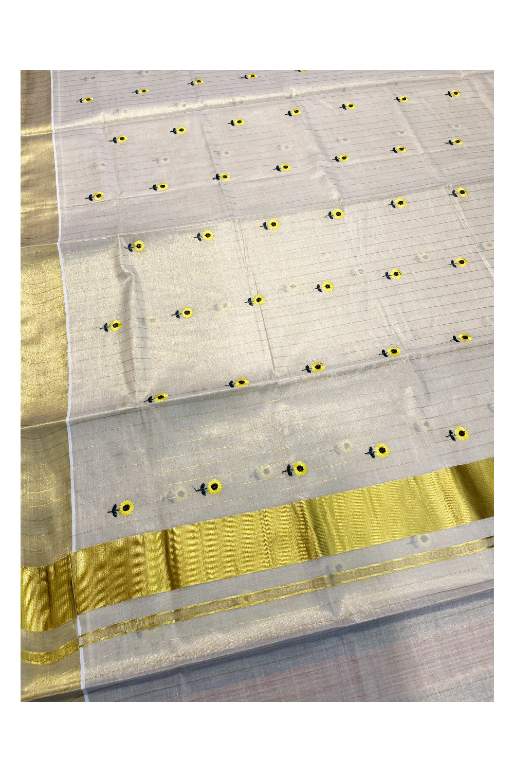 Kerala Tissue Kasavu Lines Saree with Yellow Floral Embroidary Work On Body