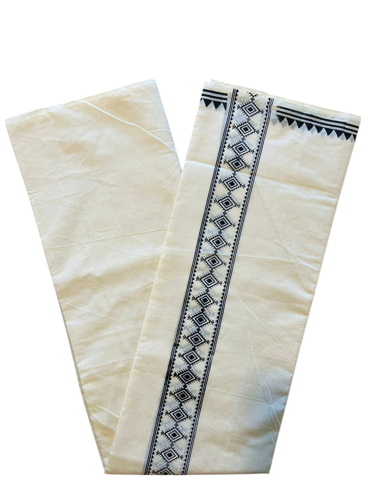 Pure Cotton Off White Double Mundu with Black Block Prints On Border (South Indian Kerala Dhoti)