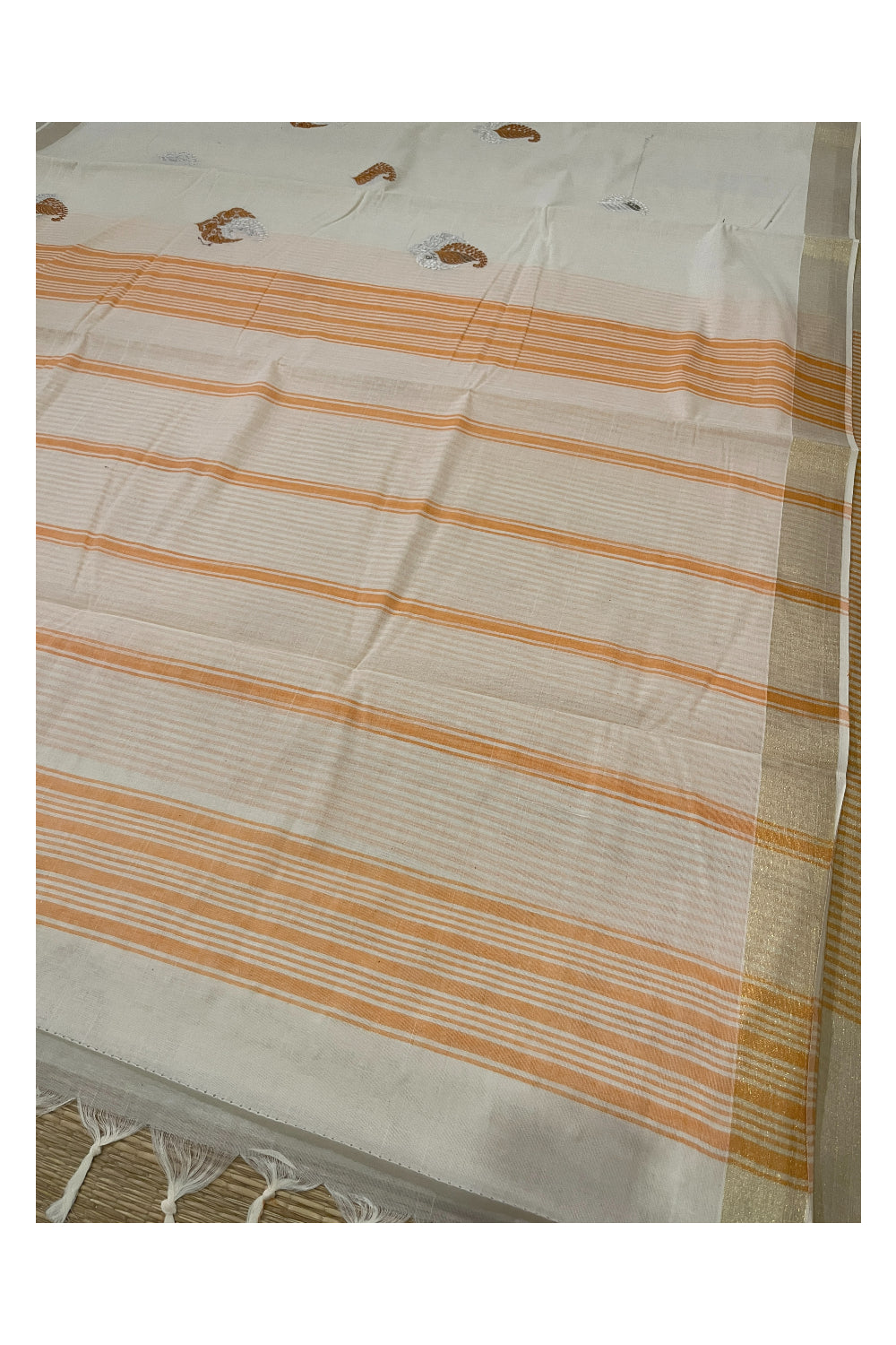 Pure Cotton Kerala Saree with Orange Paisley Embroidery Work and Kasavu Border