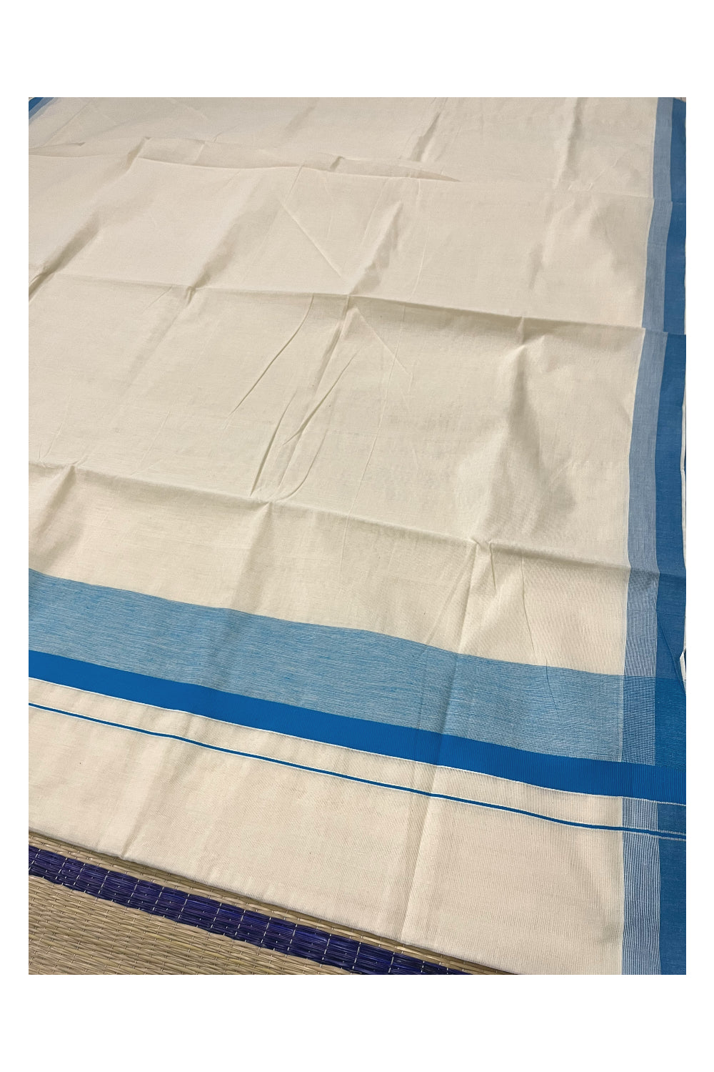 Pure Cotton Off White Kerala Saree with Blue Shaded Border (Onam Saree 2023)