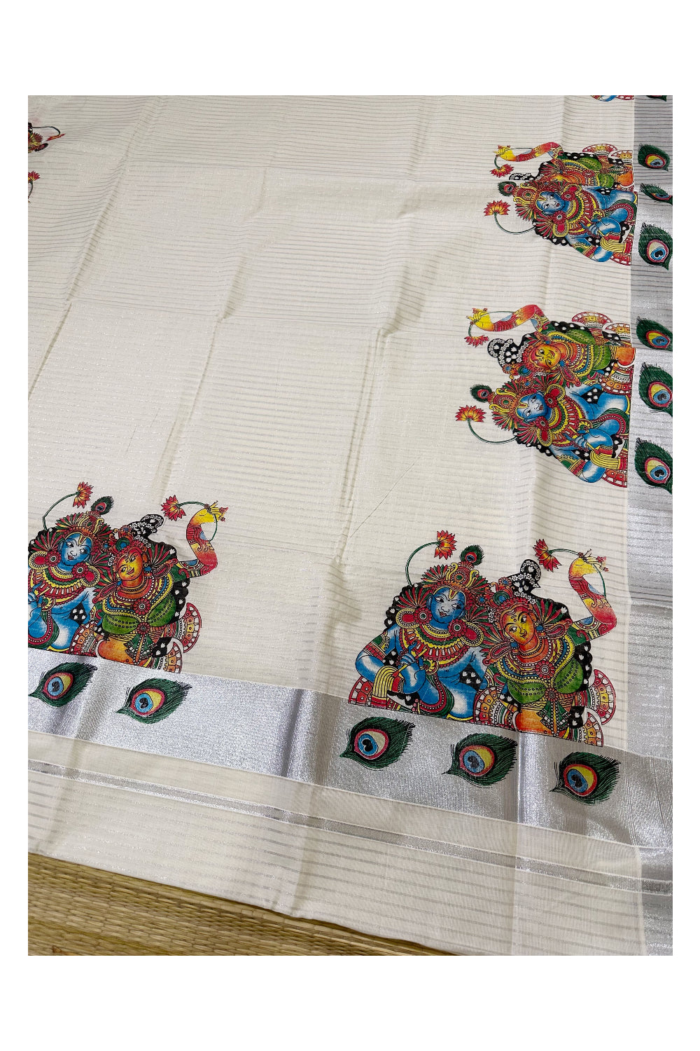 Pure Cotton Kerala Saree with Silver Lines and Krishna Radha Mural Prints on Body (Onam Saree 2023)