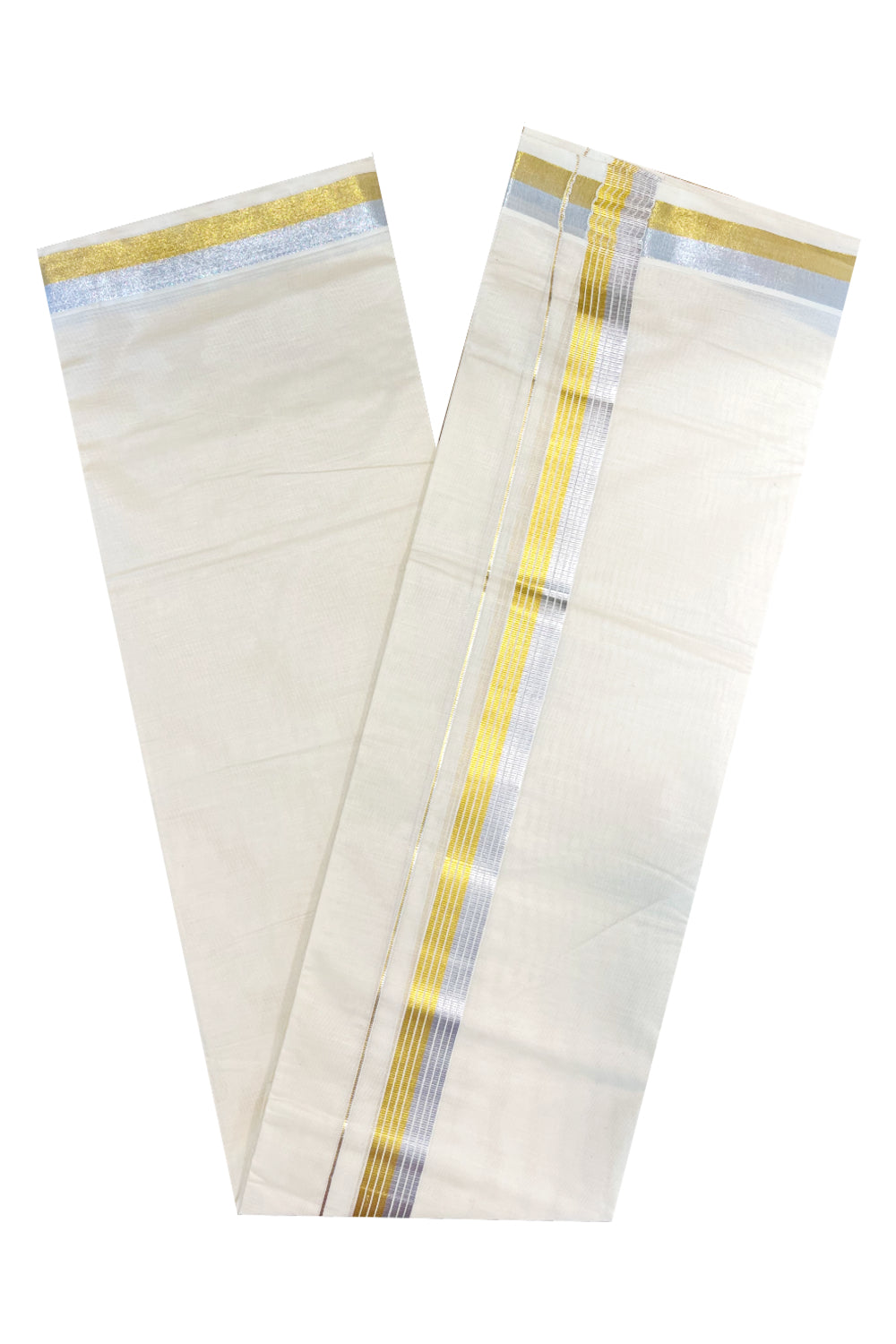 Kerala Pure Cotton Double Mundu with Silver and Golden Kasavu Border (South Indian Kerala Dhoti)