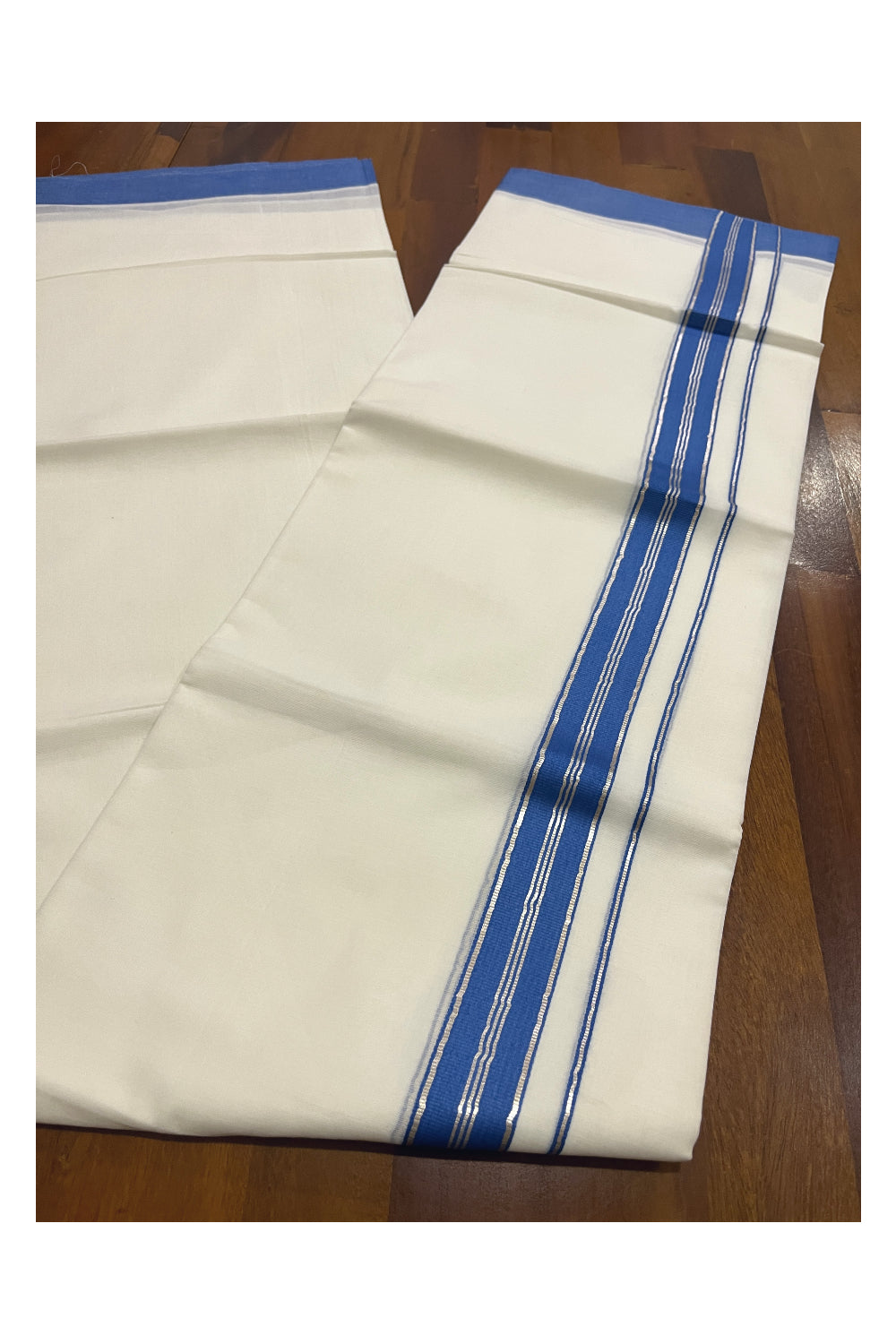 Pure White Cotton Double Mundu with Blue and Silver Kasavu Border (South Indian Kerala Dhoti)