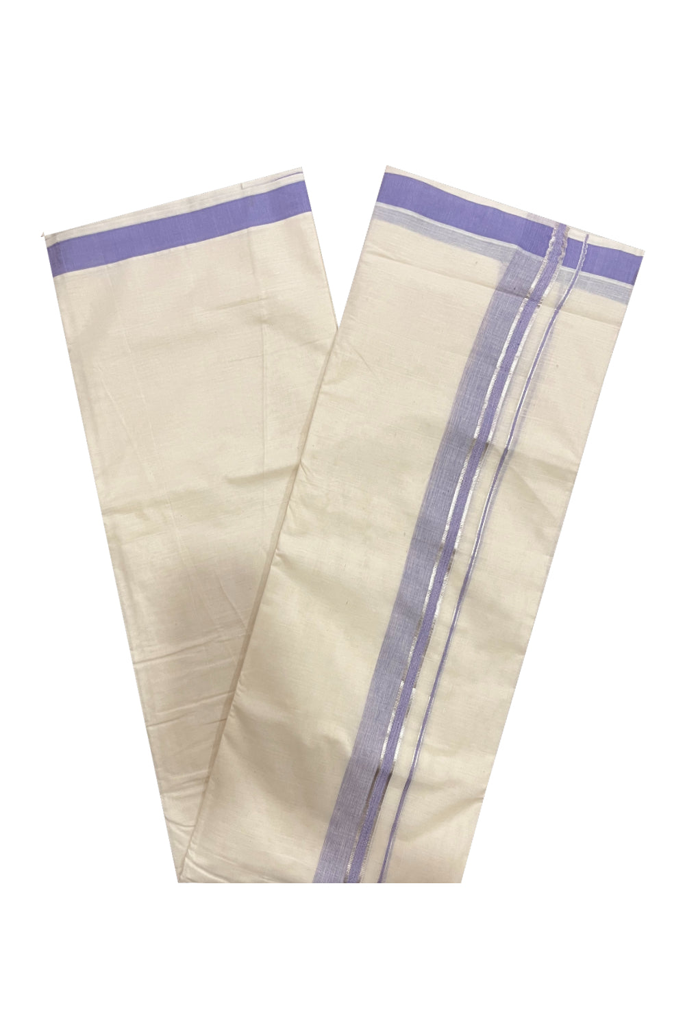 Pure Cotton Kerala Double Mundu with Violet and Silver Kasavu Kara (South Indian Kerala Dhoti)