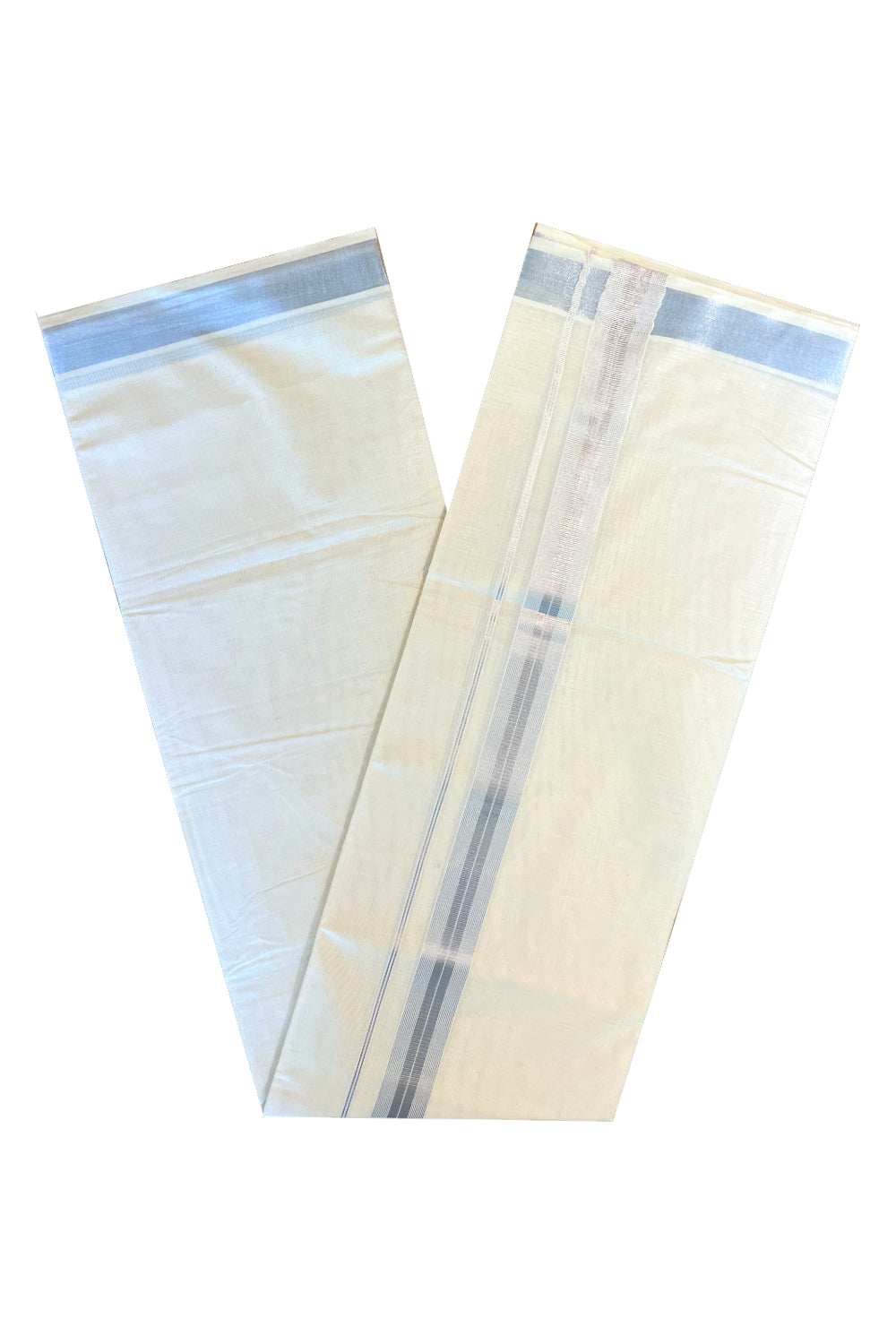 Off White Kerala Cotton Double Mundu with Silver Kasavu Lines Border (South Indian Dhoti)