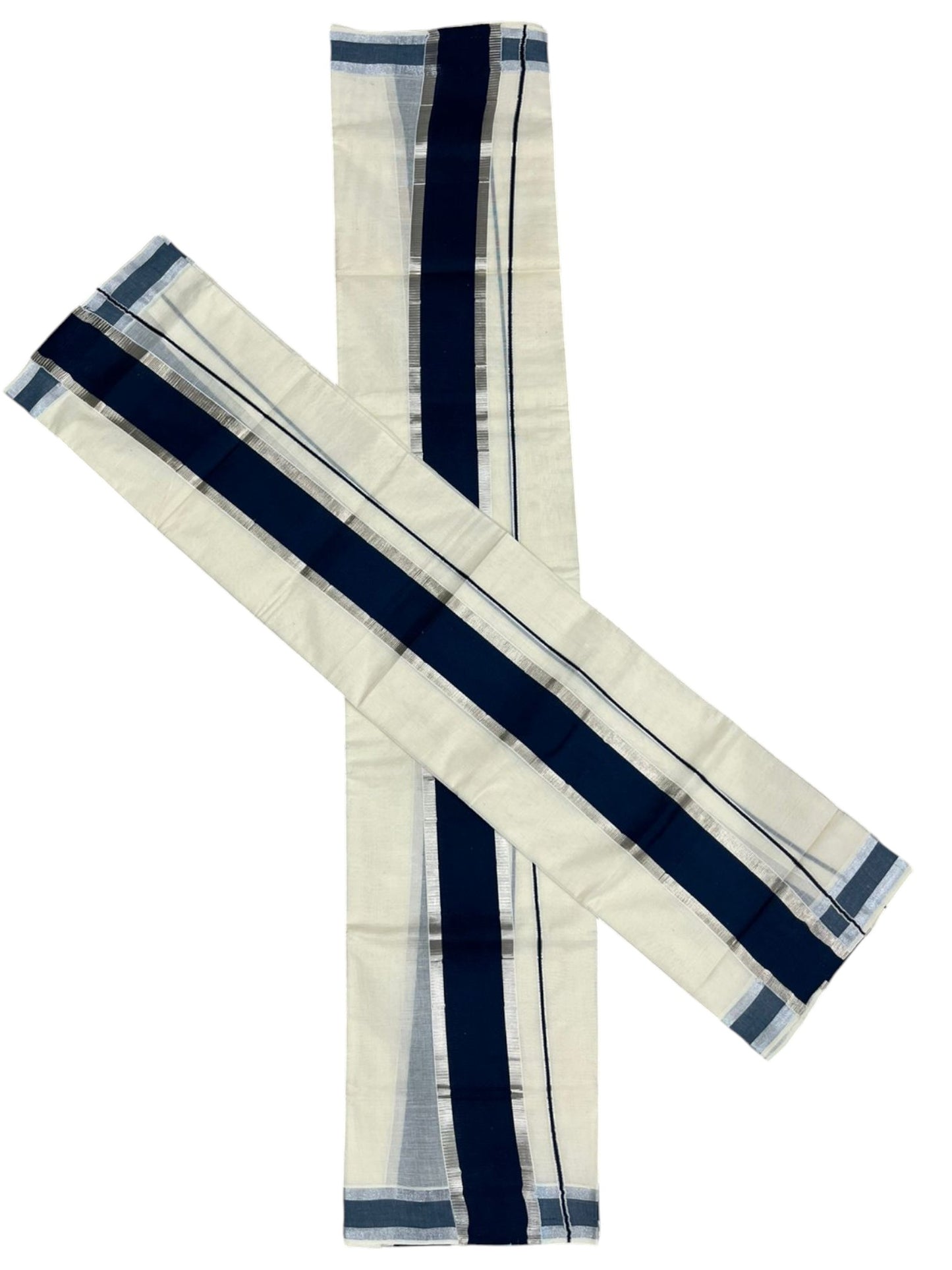 Kerala Cotton Mundum Neriyathum Single (Set Mundu) with Dark Blue and Silver Kasavu Border 2.80 Mtrs SLKK SL498