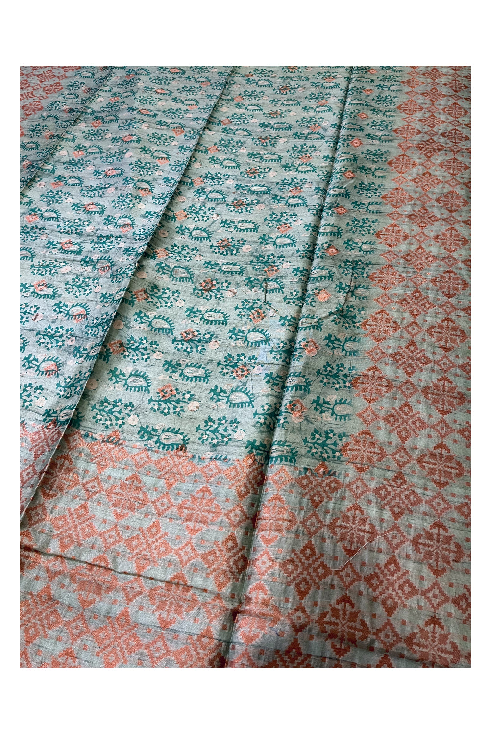 Southloom Semi Tussar Green Floral Woven Designer Saree with Copper Border