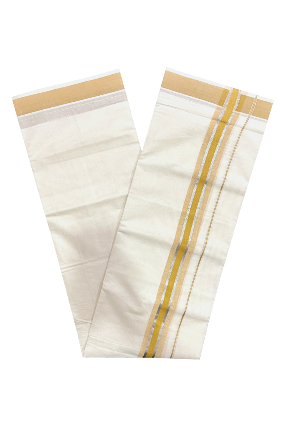 Pure Cotton Double Mundu with Yellow and Silver Kasavu Kara (South Indian Kerala Dhoti)