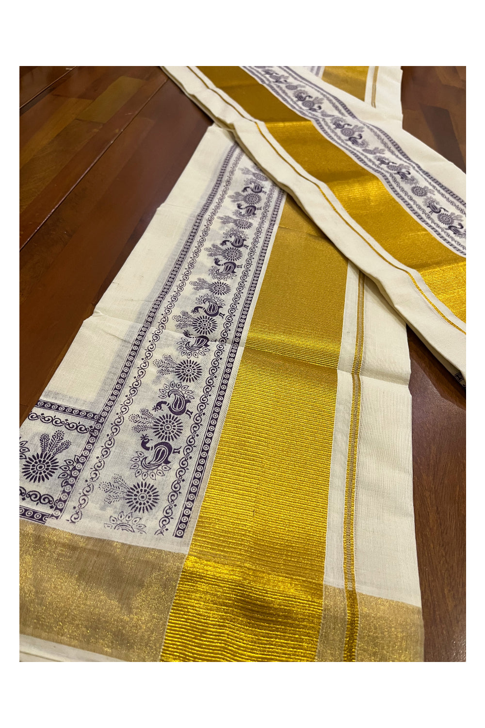 Pure Cotton Kerala Single Set Mundu (Mundum Neriyathum) with Violet Block Printed Kasavu Border (Onam 2023 Set Mundu)