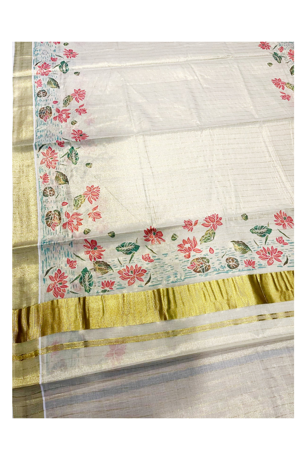 Kerala Tissue Kasavu Lines Saree with Lotus Floral Prints On Border