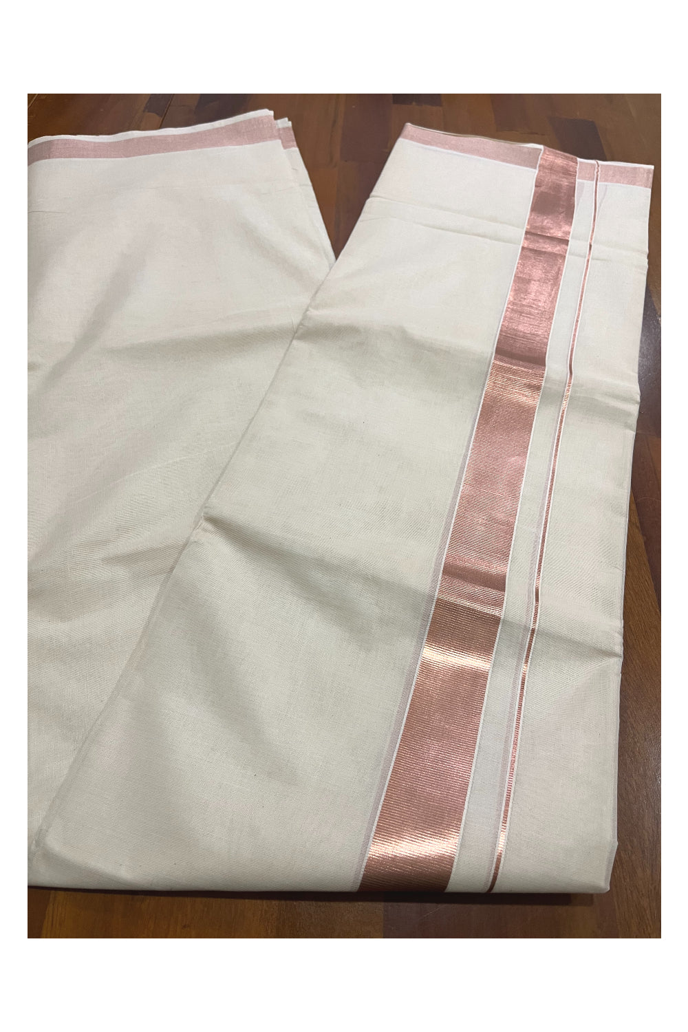 Off White Pure Cotton Double Mundu with 1.5 inch Rose Copper Kasavu Border (South Indian Kerala Dhoti)