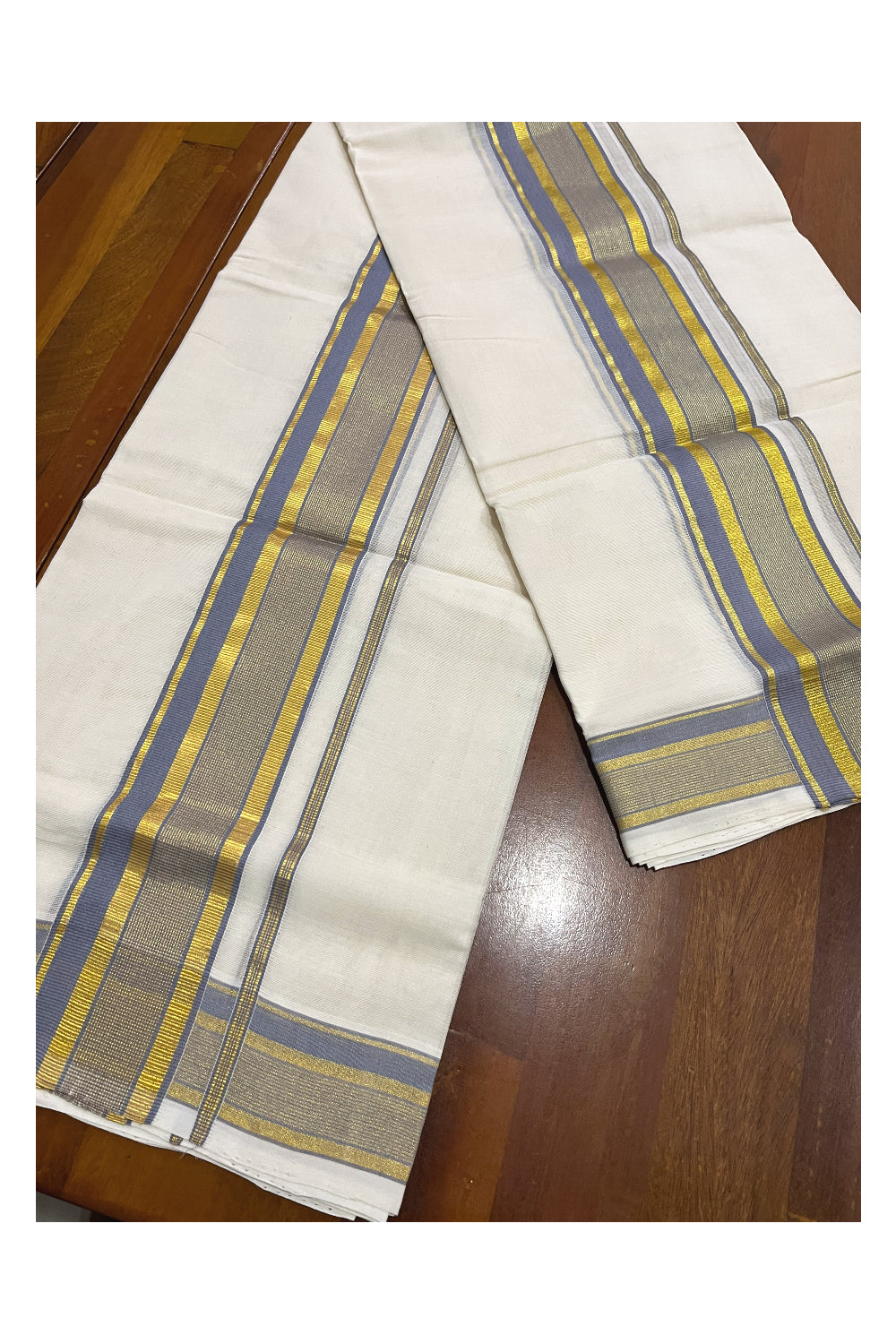 Pure Cotton Handloom Premium Kasavu Set Mundu (Mundum Neriyathum) with Grey and Kasavu Border 2.80 Mtrs (Onam Set Mundu 2023)