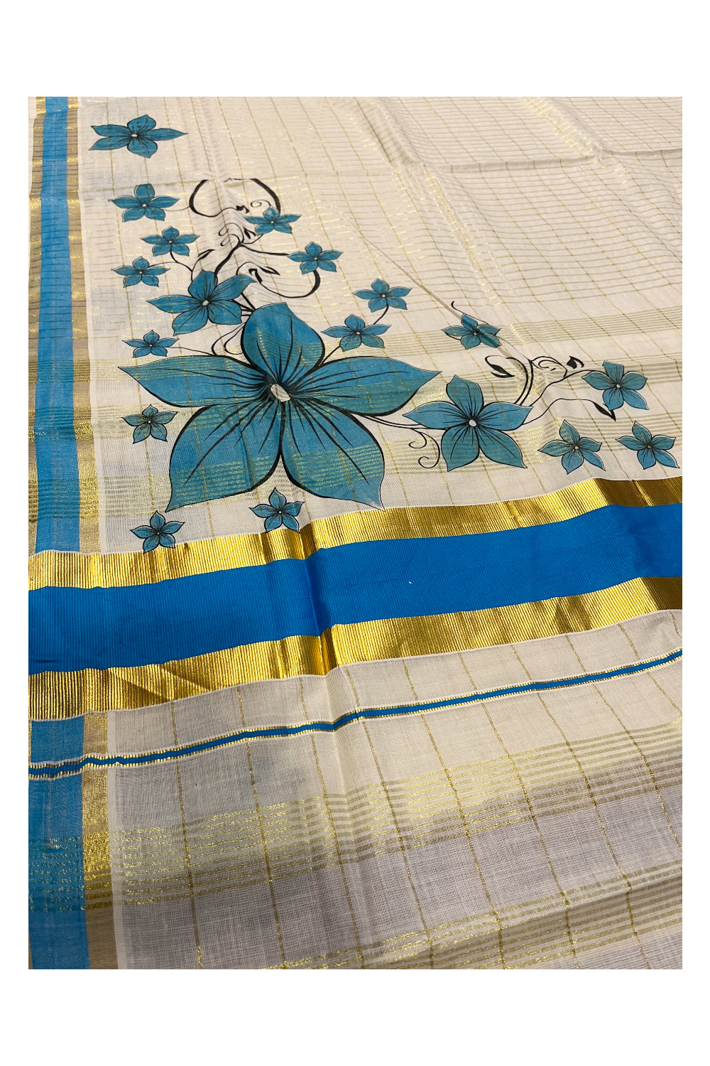 Pure Cotton Kerala Saree with Kasavu Checks and Floral Block Prints on Blue Border