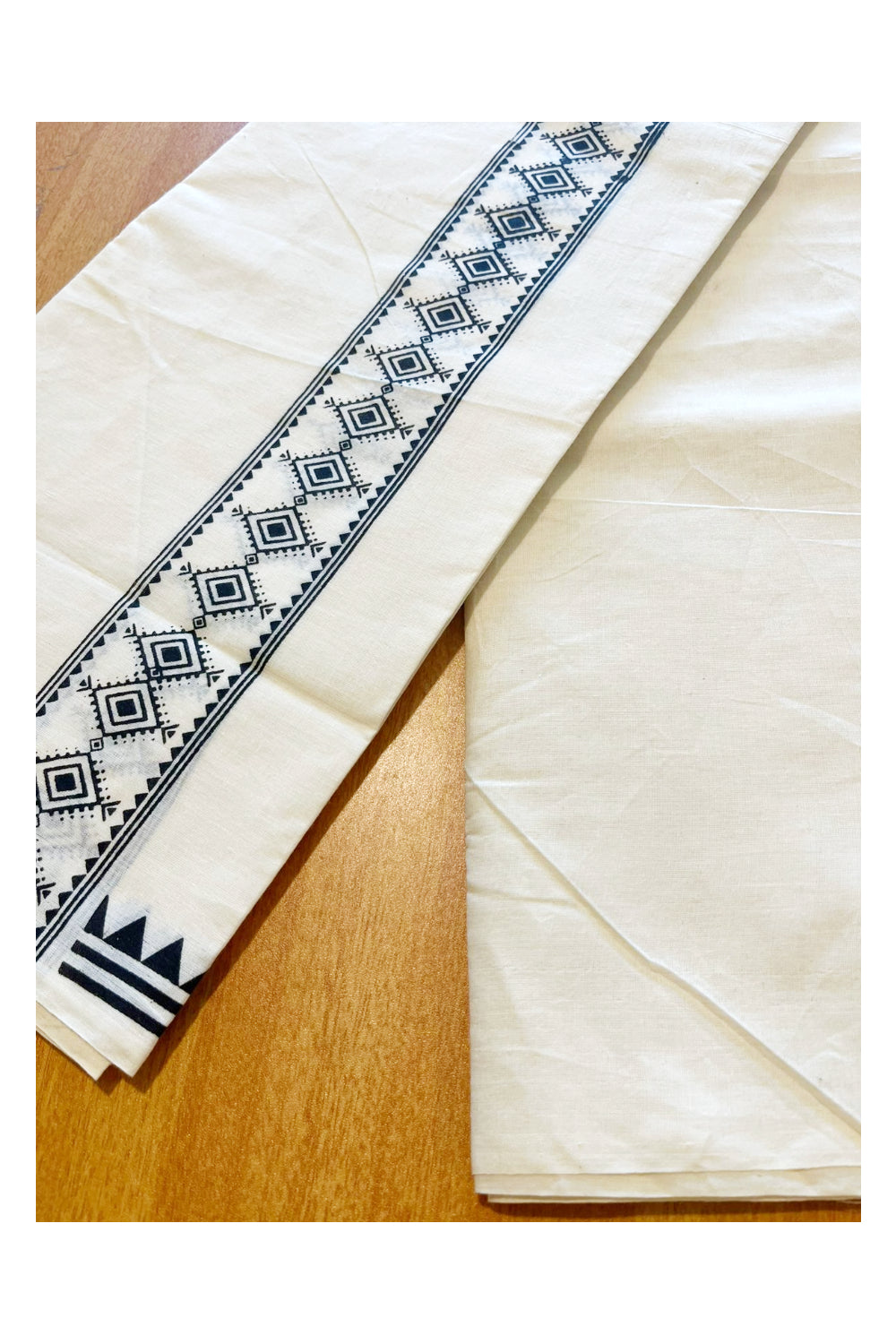 Pure Cotton Off White Double Mundu with Black Block Prints On Border (South Indian Kerala Dhoti)