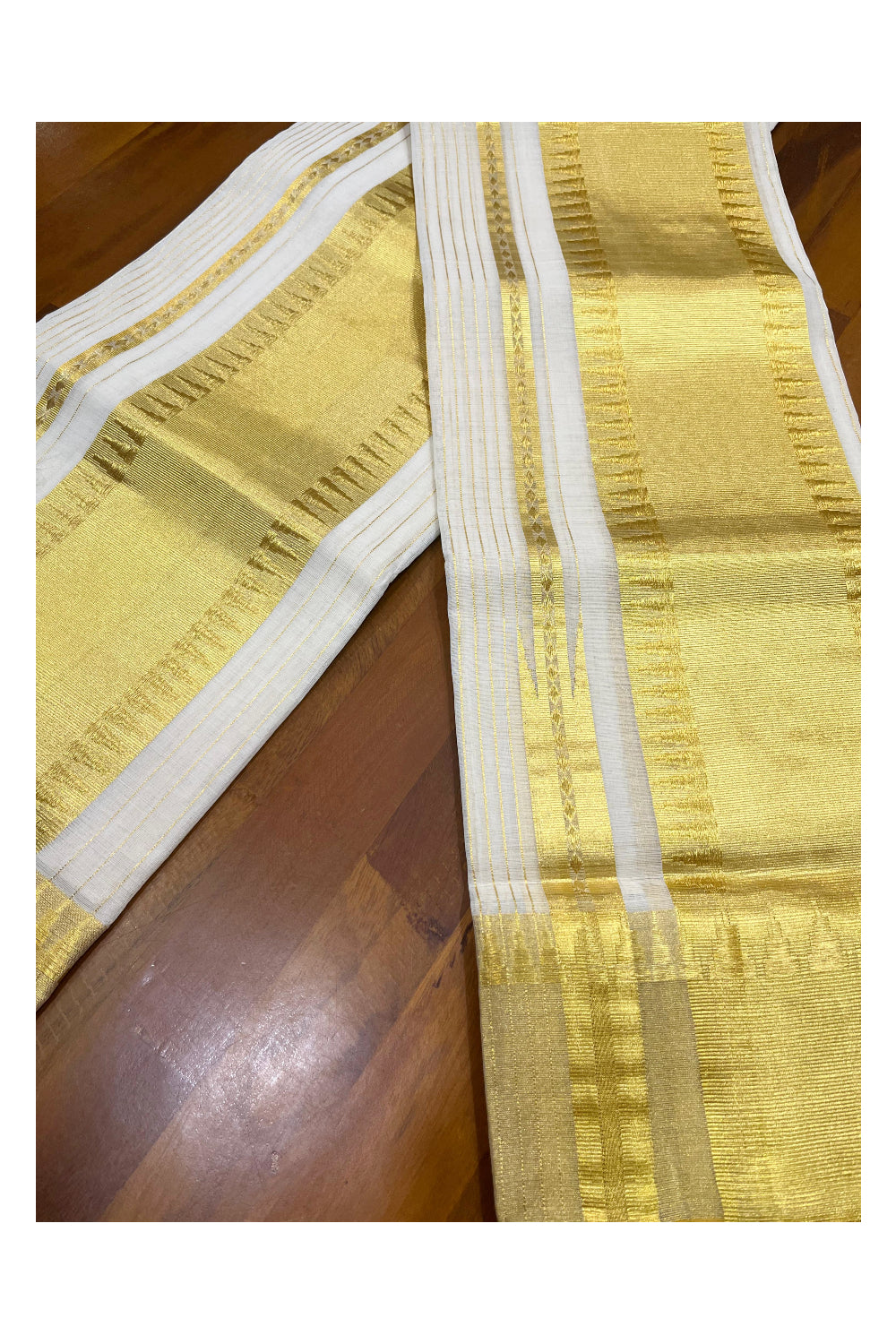 Southloom Super Premium Balaramapuram Handloom Unakkupaavu Cotton Lines Set Mundu (Mundum Neriyathum) With Temple Woven Patterns On Border