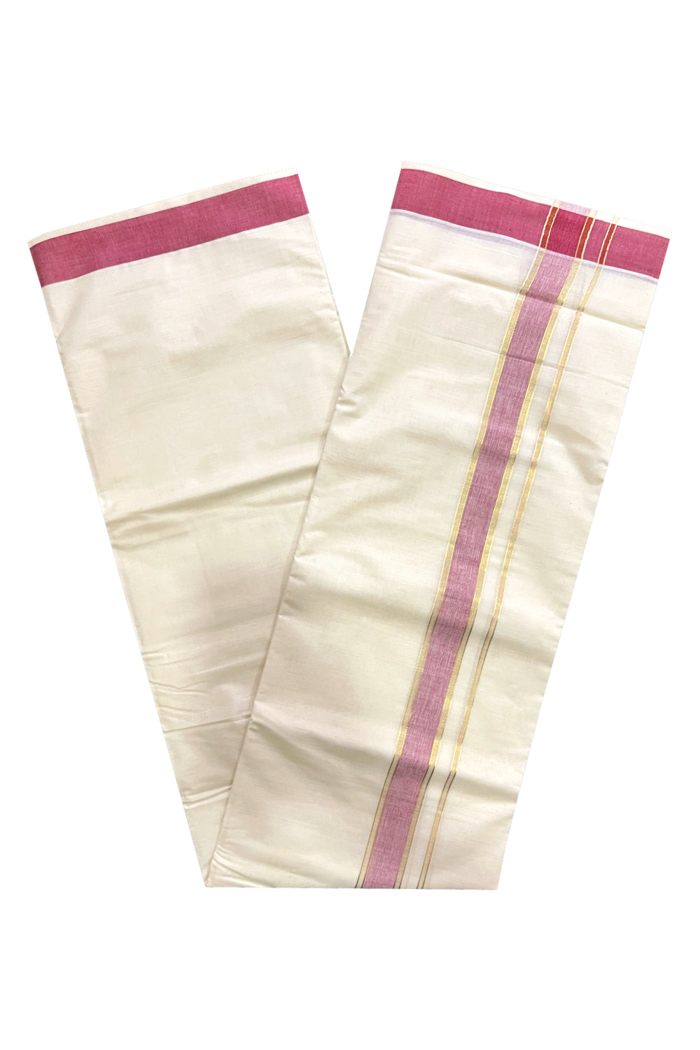 Off White Kerala Cotton Double Mundu with Kasavu and Maroon Border (South Indian Kerala Dhoti)