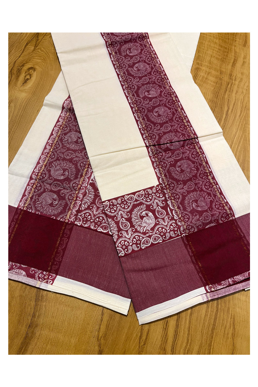 Kerala Cotton Single Set Mundu (Mundum Neriyathum) with Maroon Block print Border 2.80Mtrs