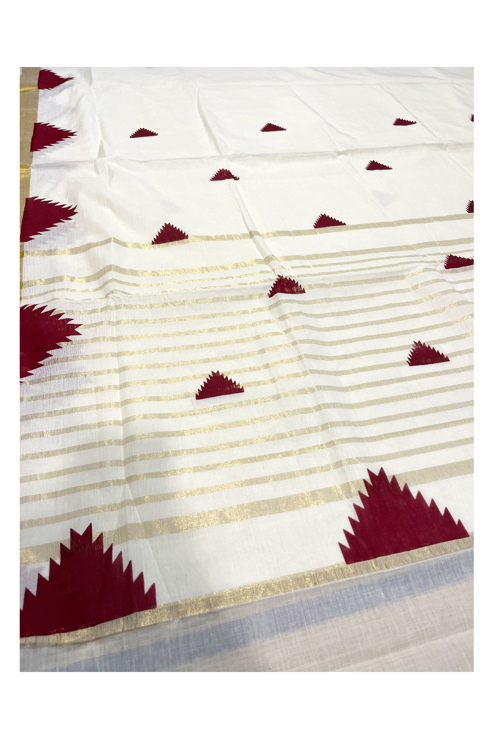 Kerala Cotton Kasavu Saree With Maroon Temple Woven Works on Border