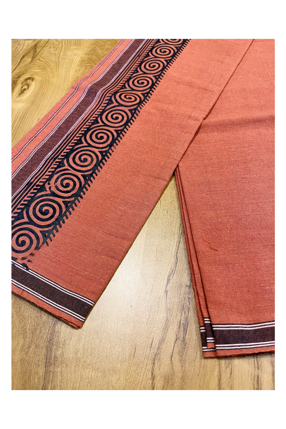 Southloom Saffron (Kaavi) Black Printed Single Mundu / Lungi (South Indian Kerala Dhoti)