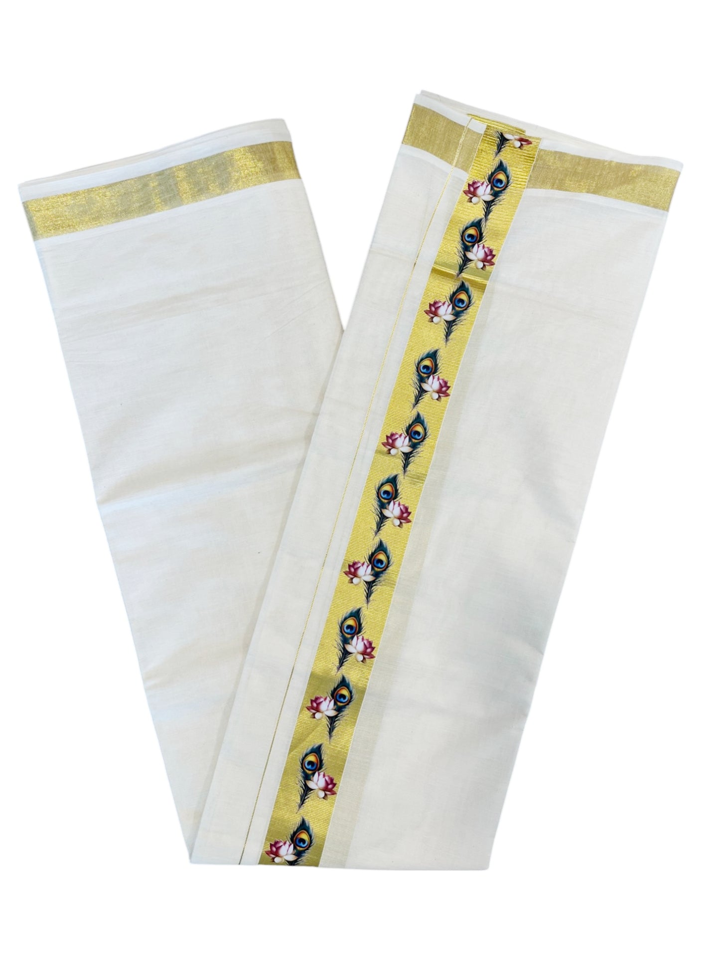 Kerala Pure Cotton Double Mundu with Hand Painted Designs on Kasavu Border(South Indian Kerala Dhoti)