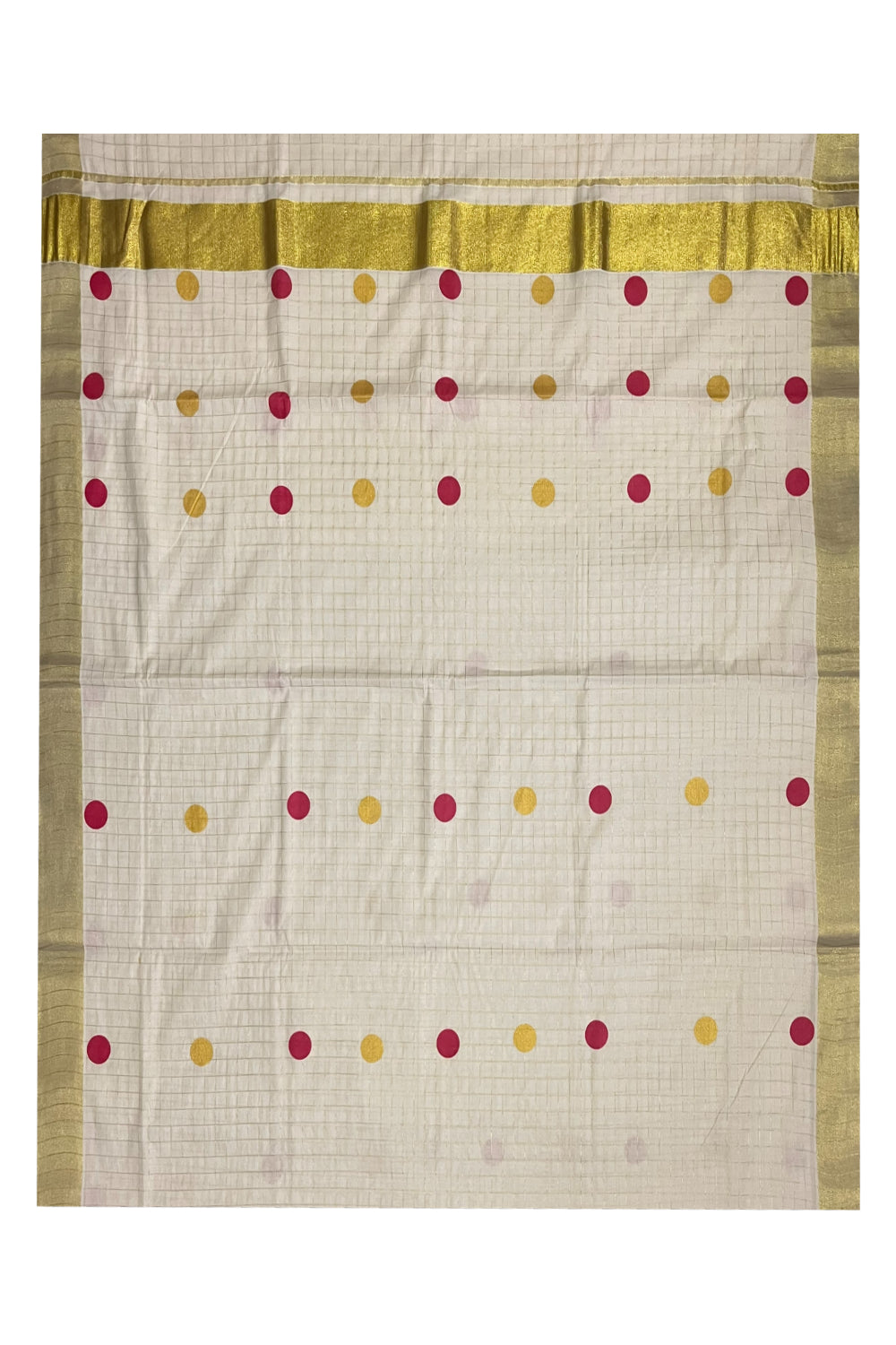 Southloom Micro Check Kasavu Saree with Pink and Golden Polka Dot Prints Across Body