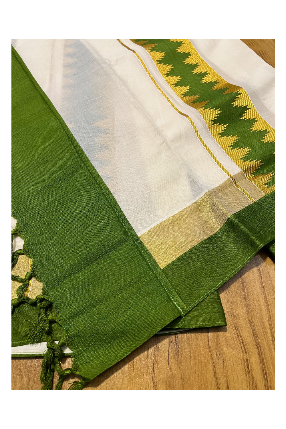 Kerala Cotton Single Set Mundu (Mundum Neriyathum) with Green Temple Applique Work Border 2.80Mtrs