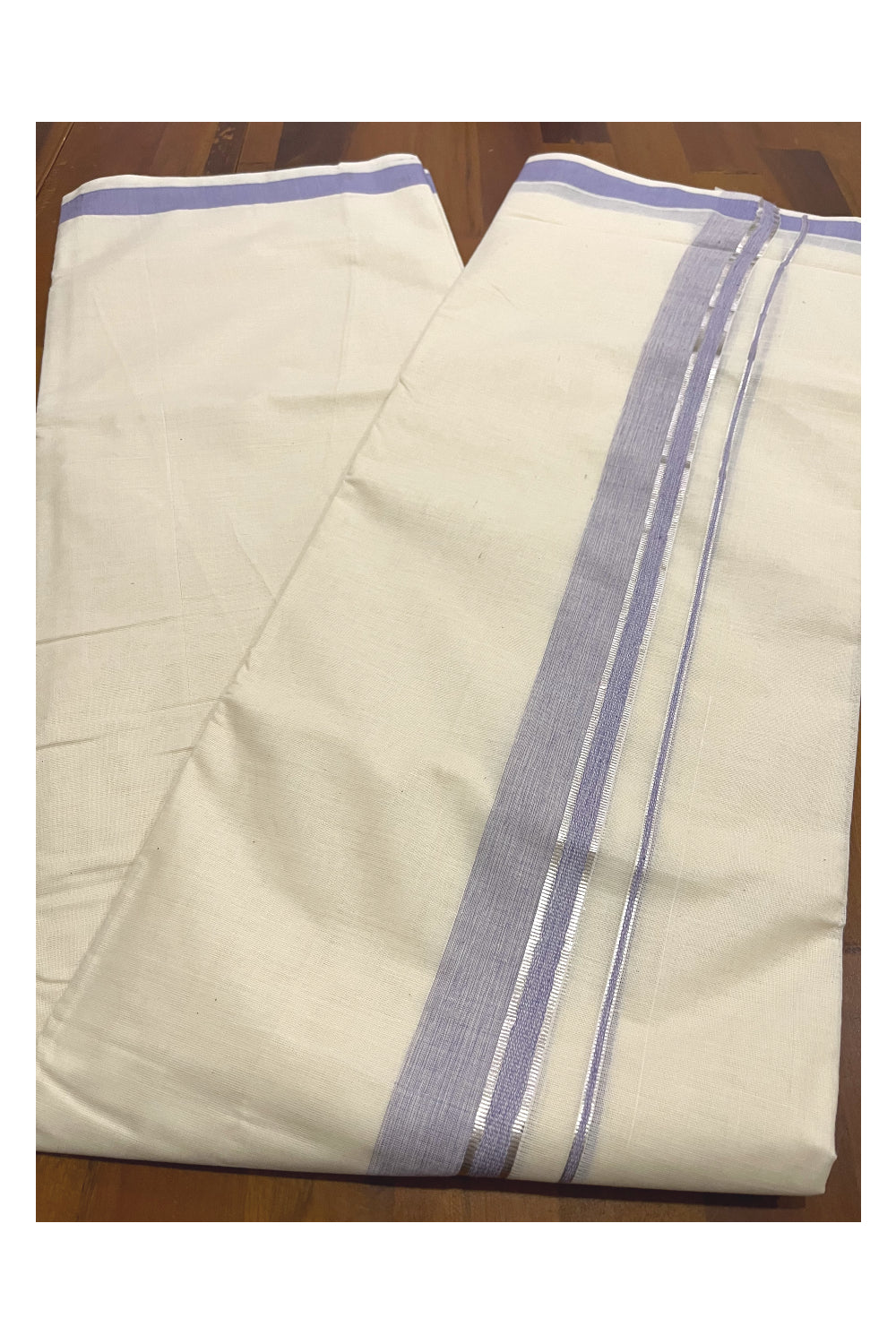 Pure Cotton Kerala Double Mundu with Violet and Silver Kasavu Kara (South Indian Kerala Dhoti)