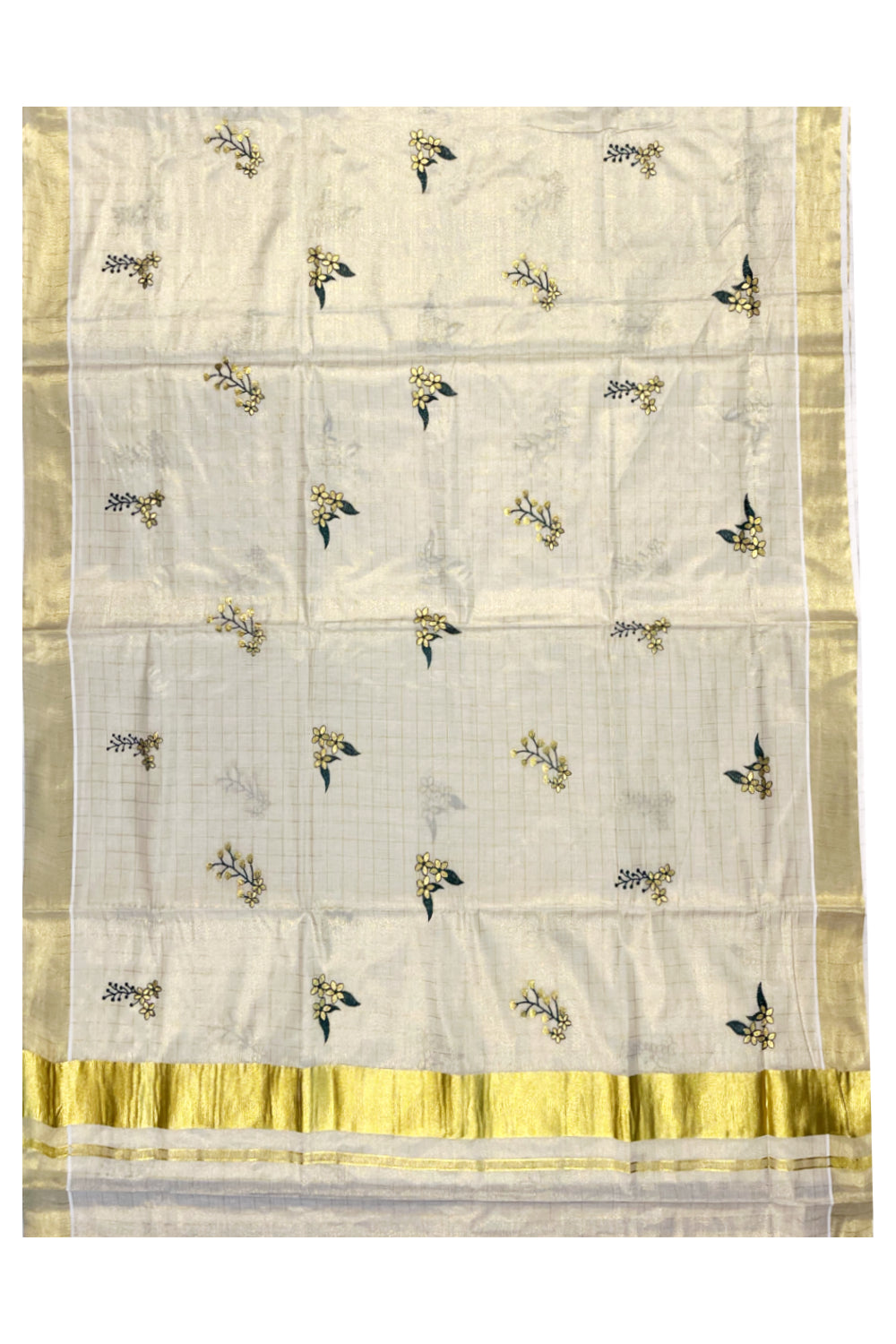 Kerala Tissue Kasavu Check Saree with Flower Embroidery Works