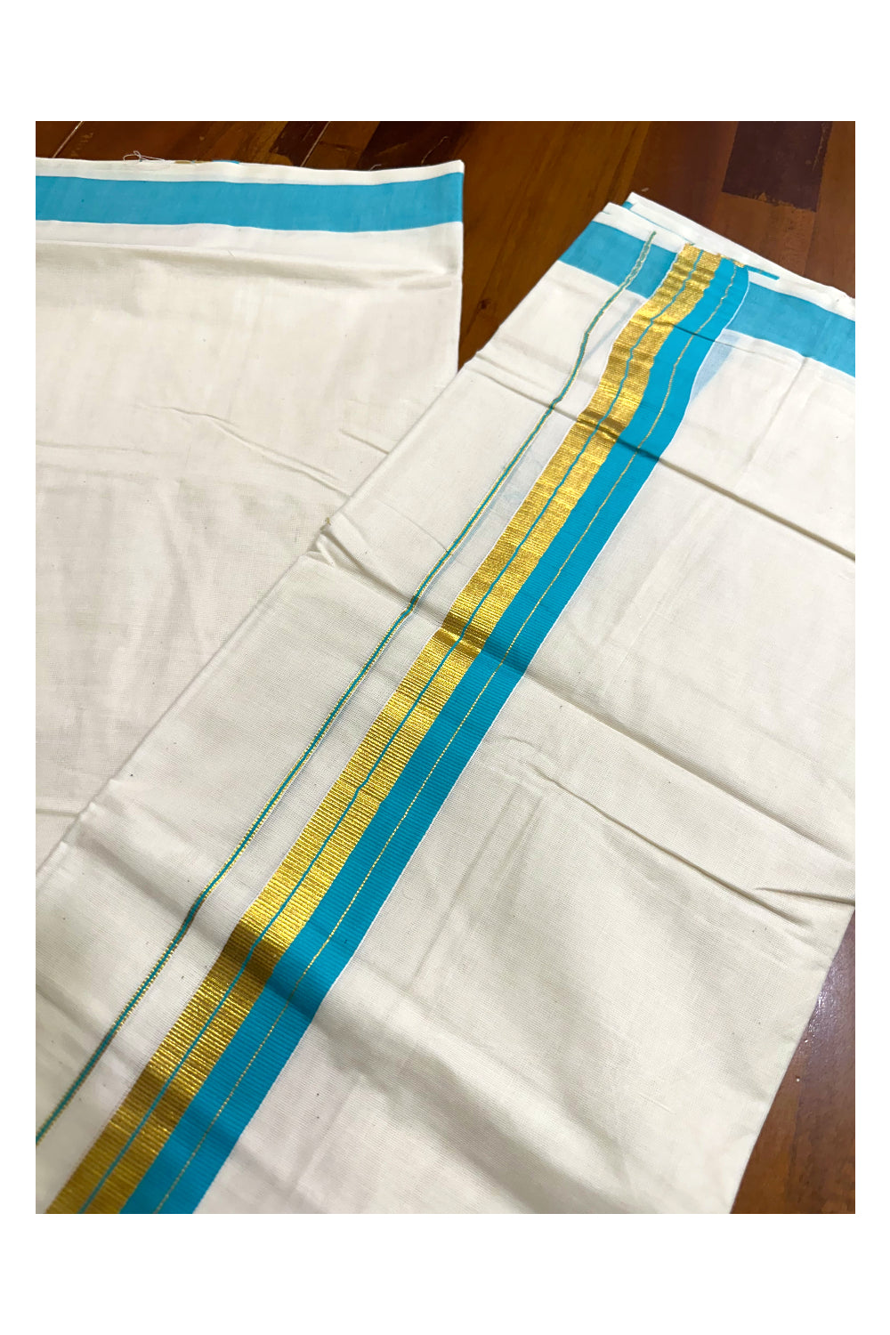 Kerala Pure Cotton Double Mundu with Blue and Kasavu Border (South Indian Dhoti)