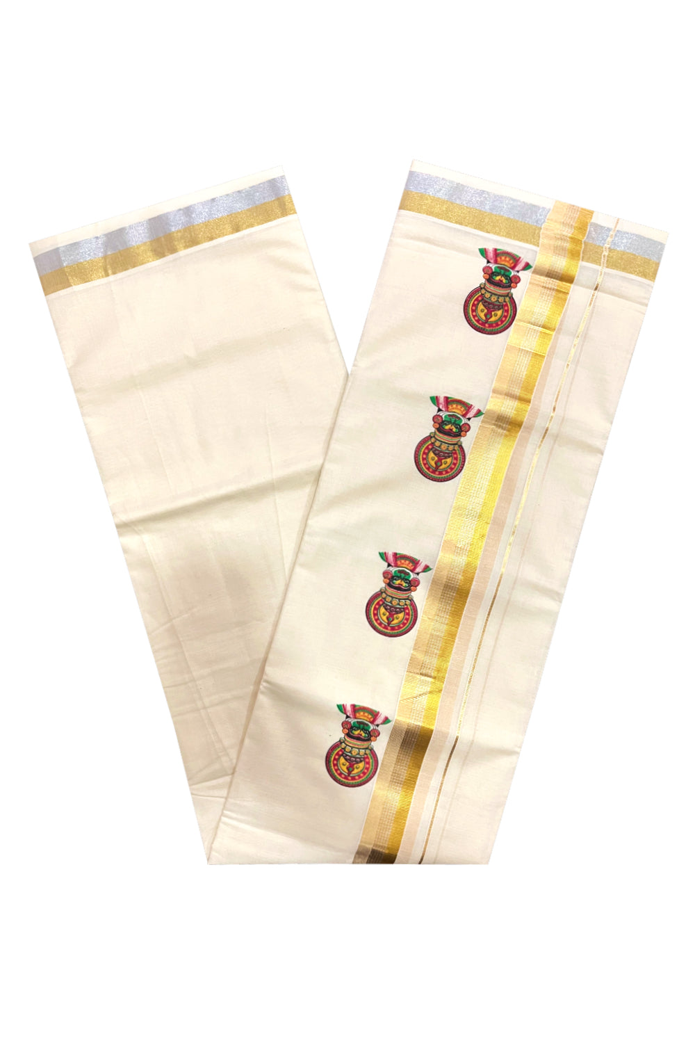 Kerala Pure Cotton Double Mundu with Kathakali Mural Painted Design on Kasavu Border (South Indian Kerala Dhoti)